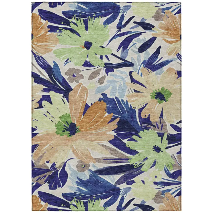 5' X 8' Navy Blue And Beige Floral Washable Indoor Outdoor Area Rug