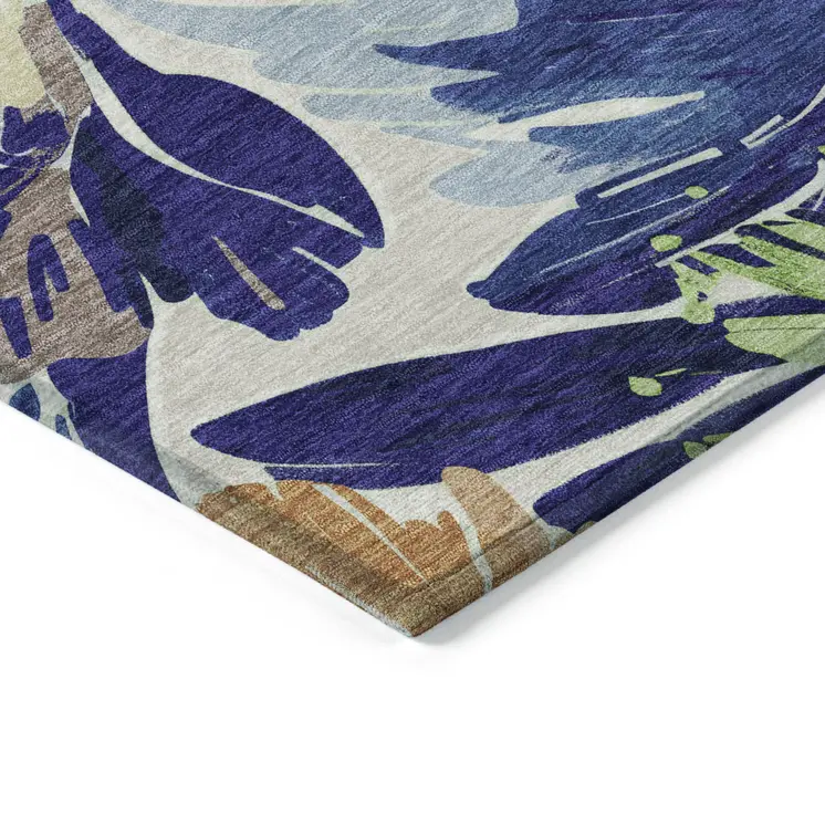 5' X 8' Navy Blue And Beige Floral Washable Indoor Outdoor Area Rug