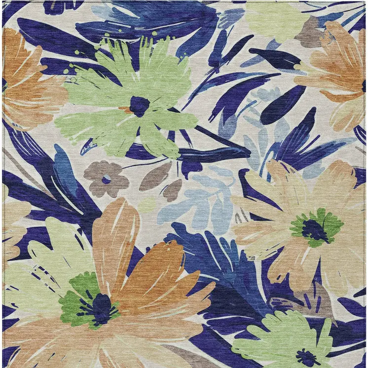 5' X 8' Navy Blue And Beige Floral Washable Indoor Outdoor Area Rug