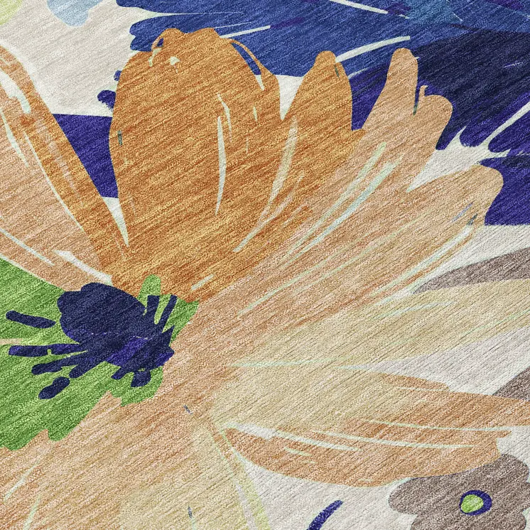 5' X 8' Navy Blue And Beige Floral Washable Indoor Outdoor Area Rug