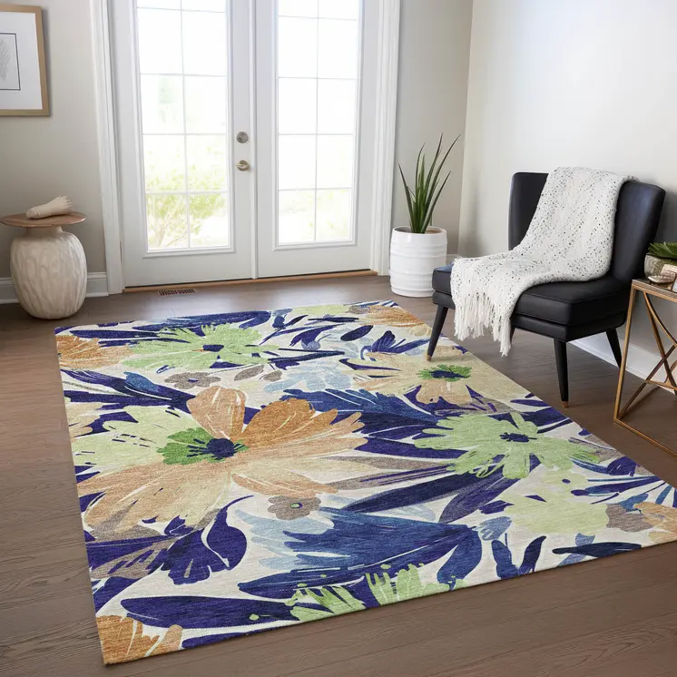 5' X 8' Navy Blue And Beige Floral Washable Indoor Outdoor Area Rug
