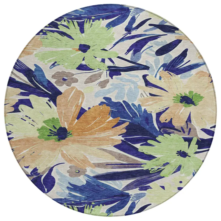 8' Navy Blue And Beige Round Floral Washable Indoor Outdoor Area Rug