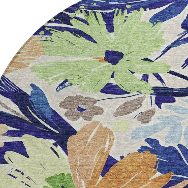 8' Navy Blue And Beige Round Floral Washable Indoor Outdoor Area Rug