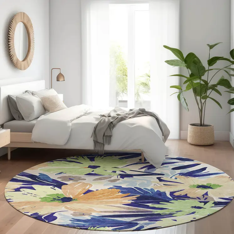 8' Navy Blue And Beige Round Floral Washable Indoor Outdoor Area Rug
