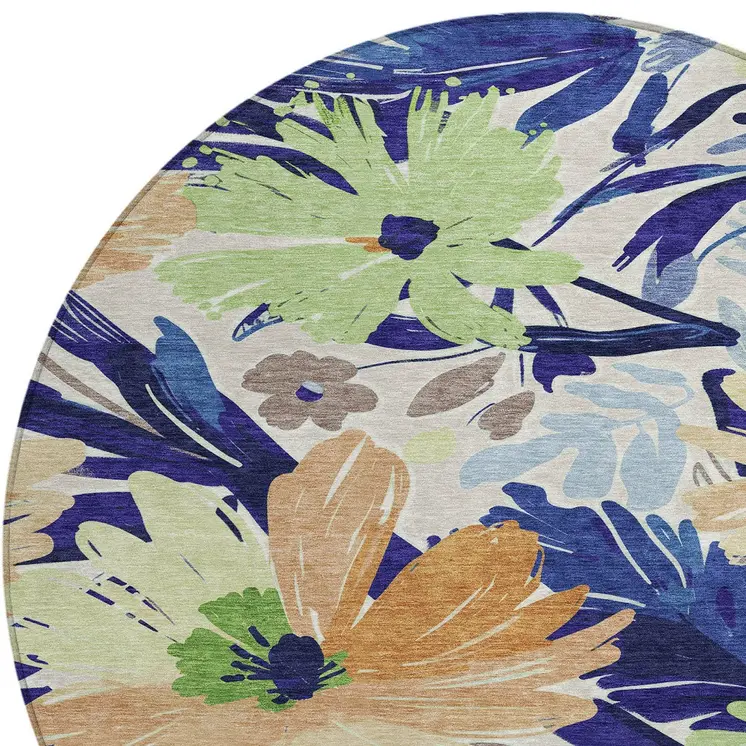 8' Navy Blue And Beige Round Floral Washable Indoor Outdoor Area Rug
