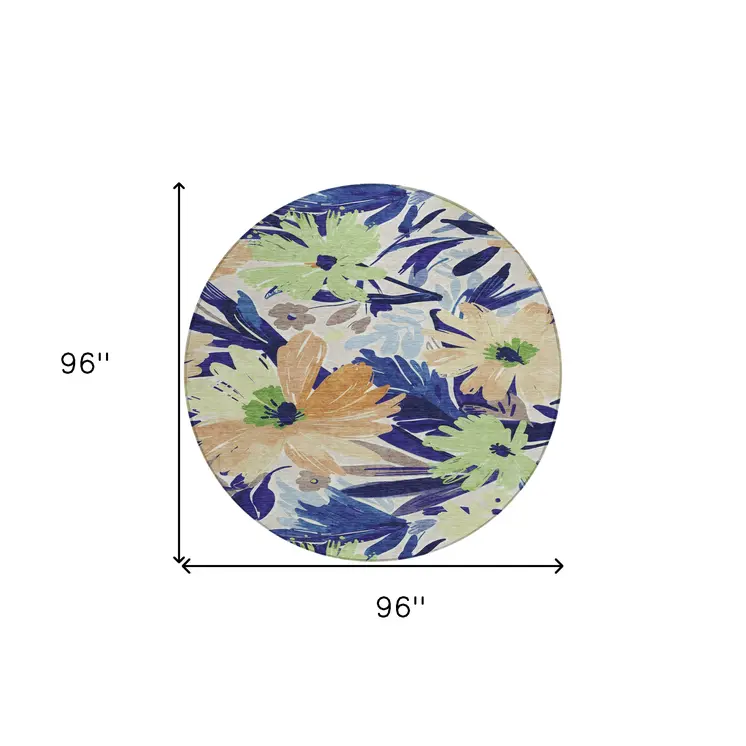 8' Navy Blue And Beige Round Floral Washable Indoor Outdoor Area Rug