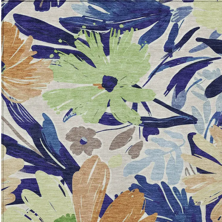 8' X 10' Navy Blue And Beige Floral Washable Indoor Outdoor Area Rug