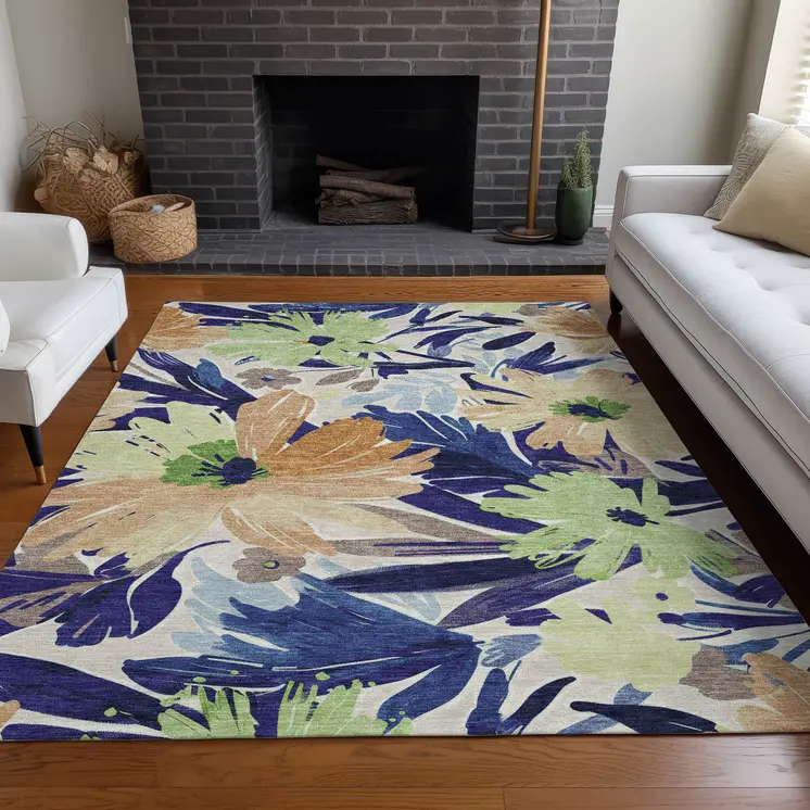10' X 14' Navy Blue And Beige Floral Washable Indoor Outdoor Area Rug