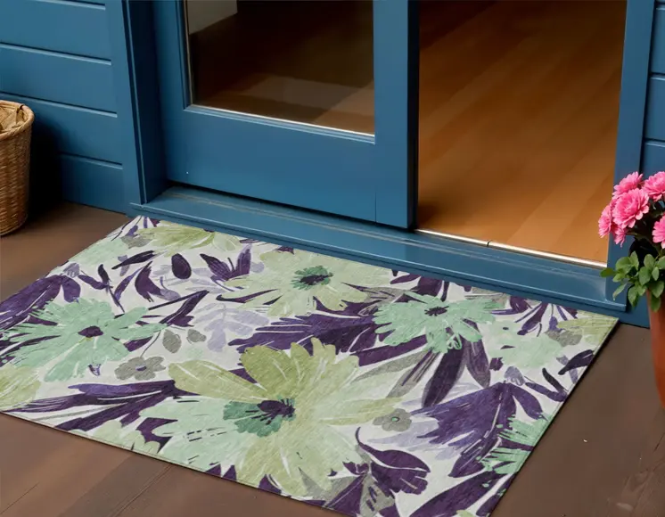 3' X 5' Purple And Lavender Floral Washable Indoor Outdoor Area Rug