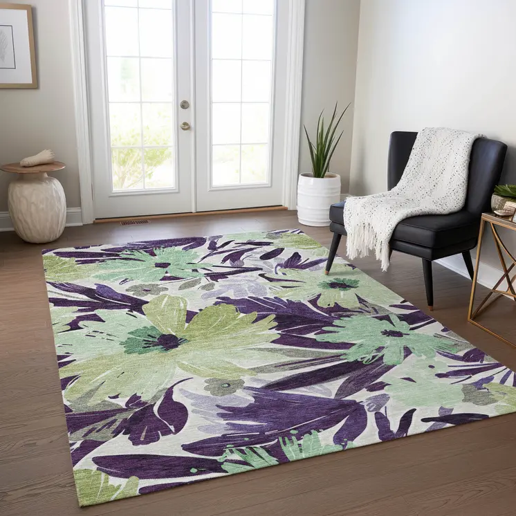 3' X 5' Purple And Lavender Floral Washable Indoor Outdoor Area Rug