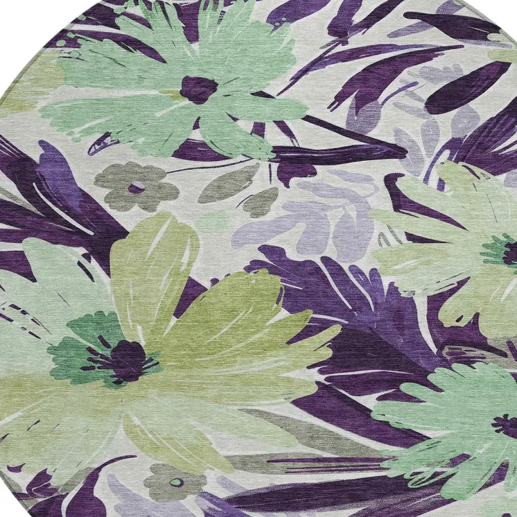 8' Purple And Lavender Round Floral Washable Indoor Outdoor Area Rug
