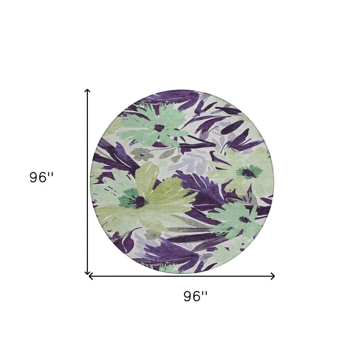 8' Purple And Lavender Round Floral Washable Indoor Outdoor Area Rug