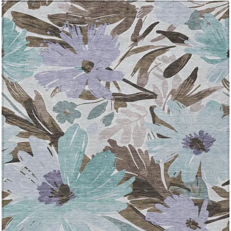 3' X 5' Taupe And Lilac Floral Washable Indoor Outdoor Area Rug