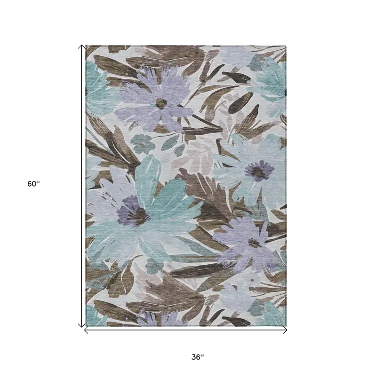 3' X 5' Taupe And Lilac Floral Washable Indoor Outdoor Area Rug
