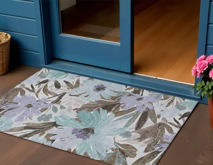 3' X 5' Taupe And Lilac Floral Washable Indoor Outdoor Area Rug