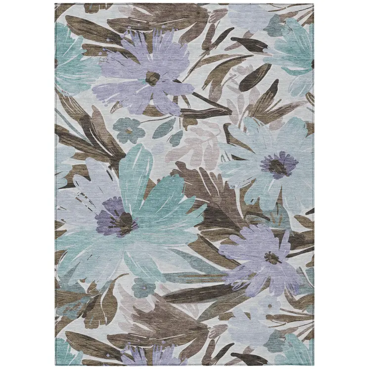 3' X 5' Taupe And Lilac Floral Washable Indoor Outdoor Area Rug