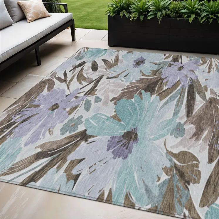5' X 8' Taupe And Lilac Floral Washable Indoor Outdoor Area Rug