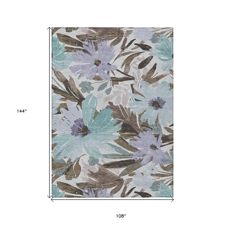 9' X 12' Taupe And Lilac Floral Washable Indoor Outdoor Area Rug