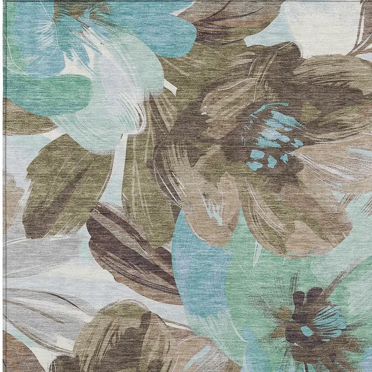 3' X 5' Khaki And Taupe Floral Washable Indoor Outdoor Area Rug