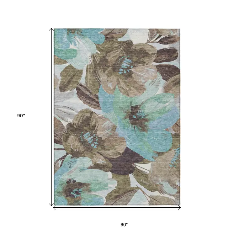 5' X 8' Khaki And Taupe Floral Washable Indoor Outdoor Area Rug