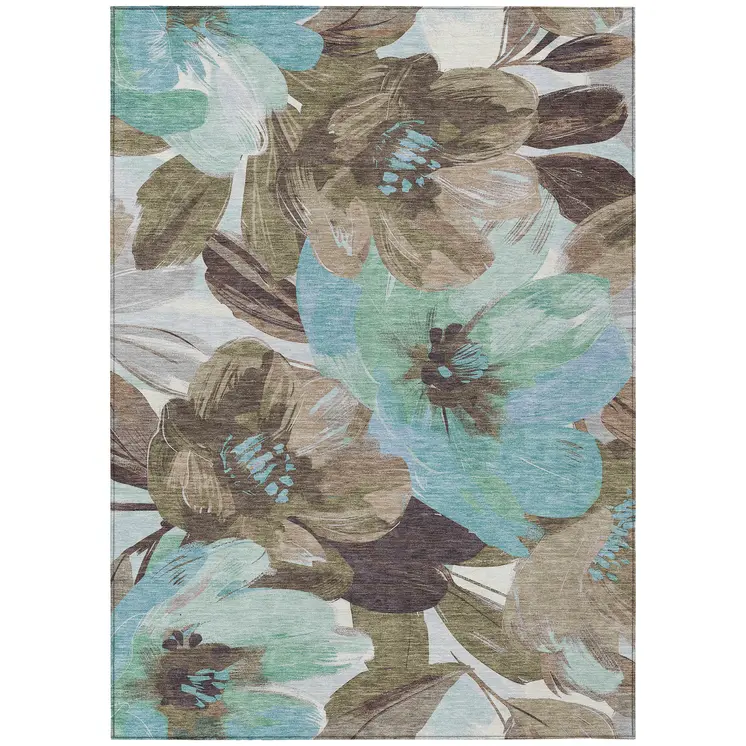 5' X 8' Khaki And Taupe Floral Washable Indoor Outdoor Area Rug