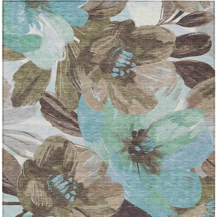 5' X 8' Khaki And Taupe Floral Washable Indoor Outdoor Area Rug