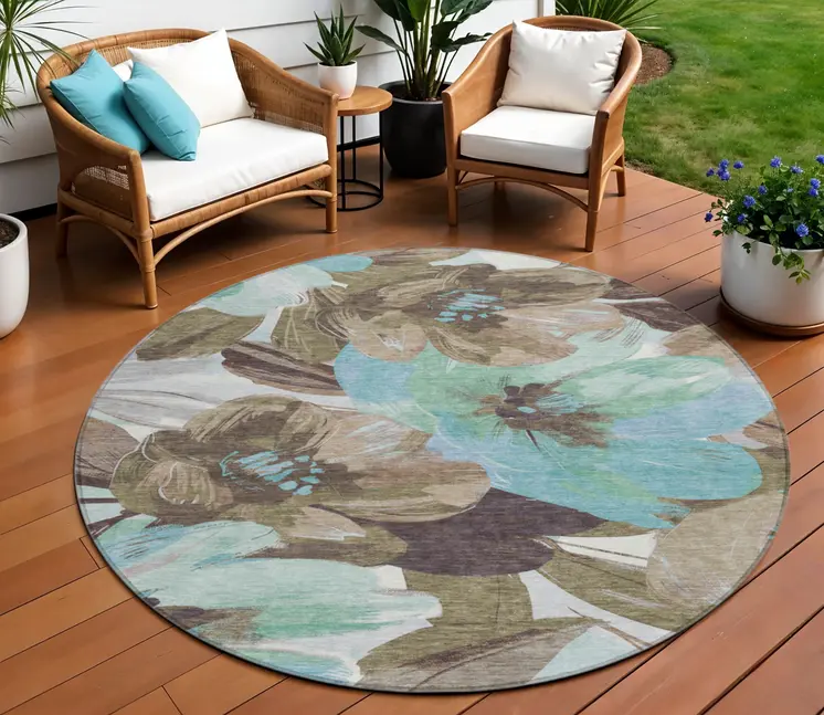 8' Khaki And Taupe Round Floral Washable Indoor Outdoor Area Rug