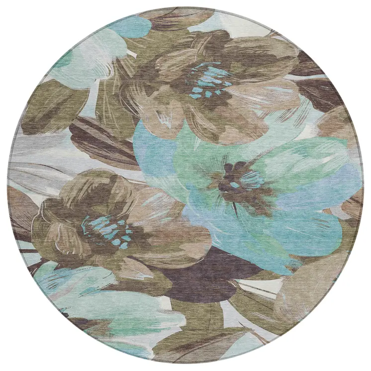 8' Khaki And Taupe Round Floral Washable Indoor Outdoor Area Rug