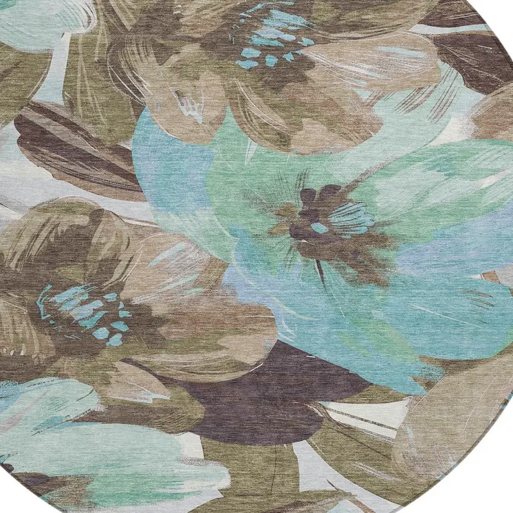 8' Khaki And Taupe Round Floral Washable Indoor Outdoor Area Rug