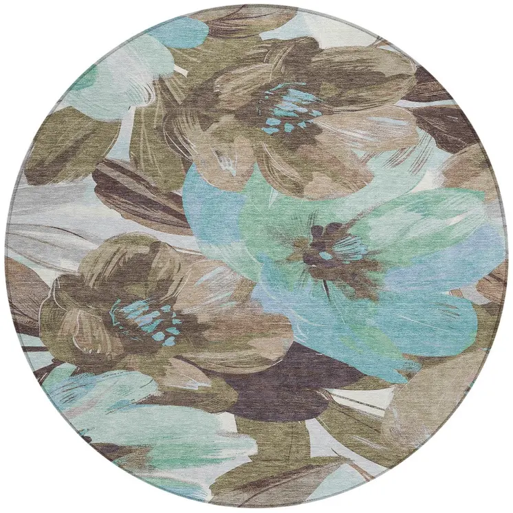 8' Khaki And Taupe Round Floral Washable Indoor Outdoor Area Rug
