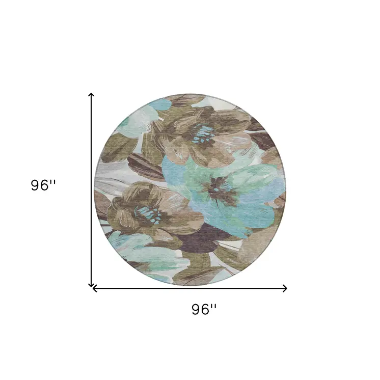 8' Khaki And Taupe Round Floral Washable Indoor Outdoor Area Rug