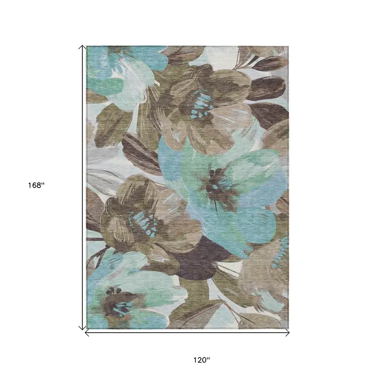 10' X 14' Khaki And Taupe Floral Washable Indoor Outdoor Area Rug