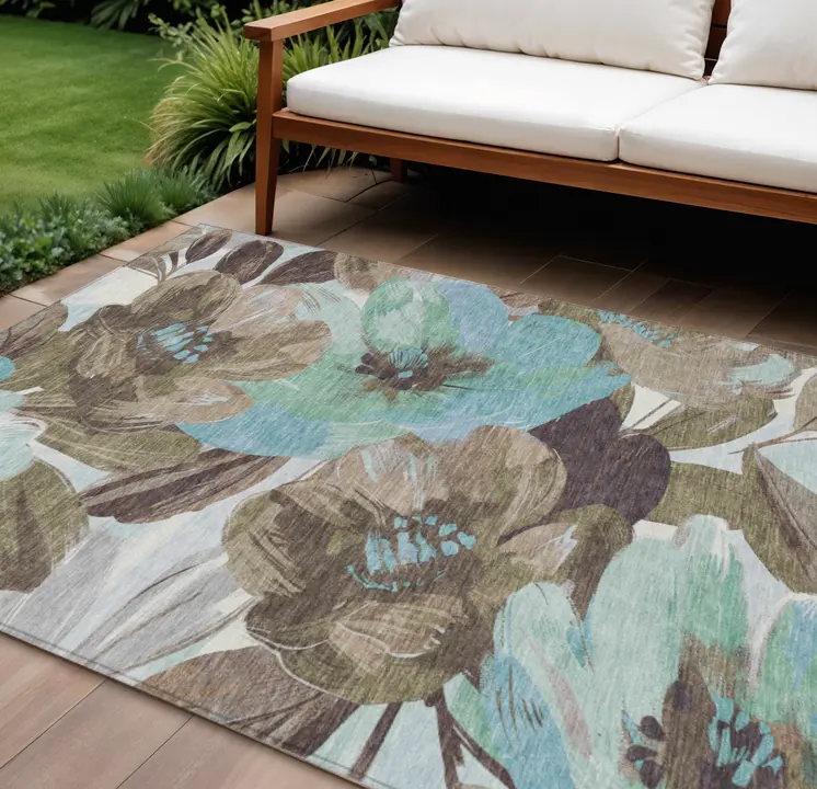 10' X 14' Khaki And Taupe Floral Washable Indoor Outdoor Area Rug