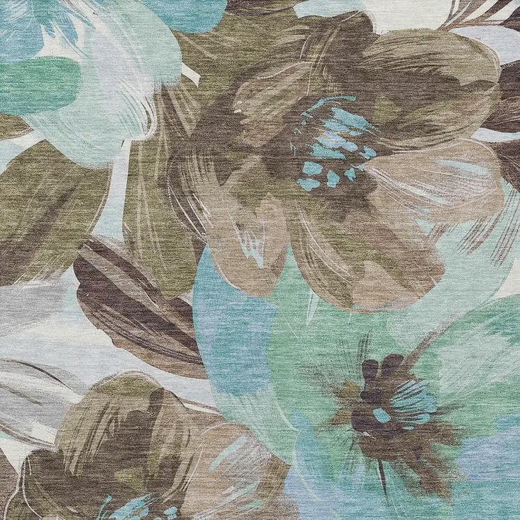 10' X 14' Khaki And Taupe Floral Washable Indoor Outdoor Area Rug