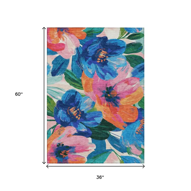 3' X 5' Navy Blue And Sky Blue Floral Washable Indoor Outdoor Area Rug