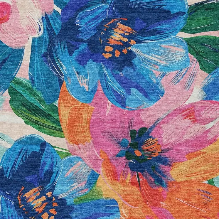 3' X 5' Navy Blue And Sky Blue Floral Washable Indoor Outdoor Area Rug