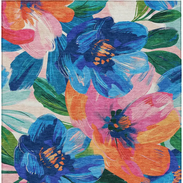 3' X 5' Navy Blue And Sky Blue Floral Washable Indoor Outdoor Area Rug