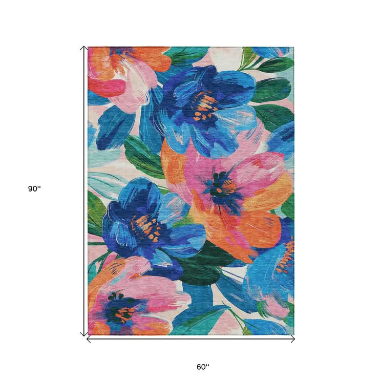 5' X 8' Navy Blue And Sky Blue Floral Washable Indoor Outdoor Area Rug
