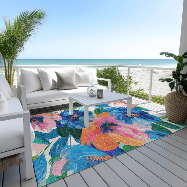 5' X 8' Navy Blue And Sky Blue Floral Washable Indoor Outdoor Area Rug