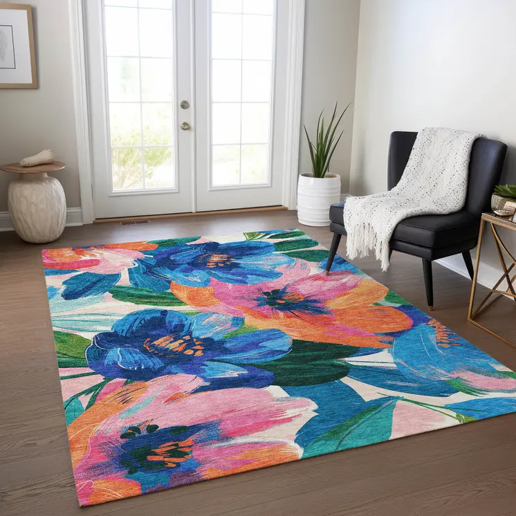 5' X 8' Navy Blue And Sky Blue Floral Washable Indoor Outdoor Area Rug