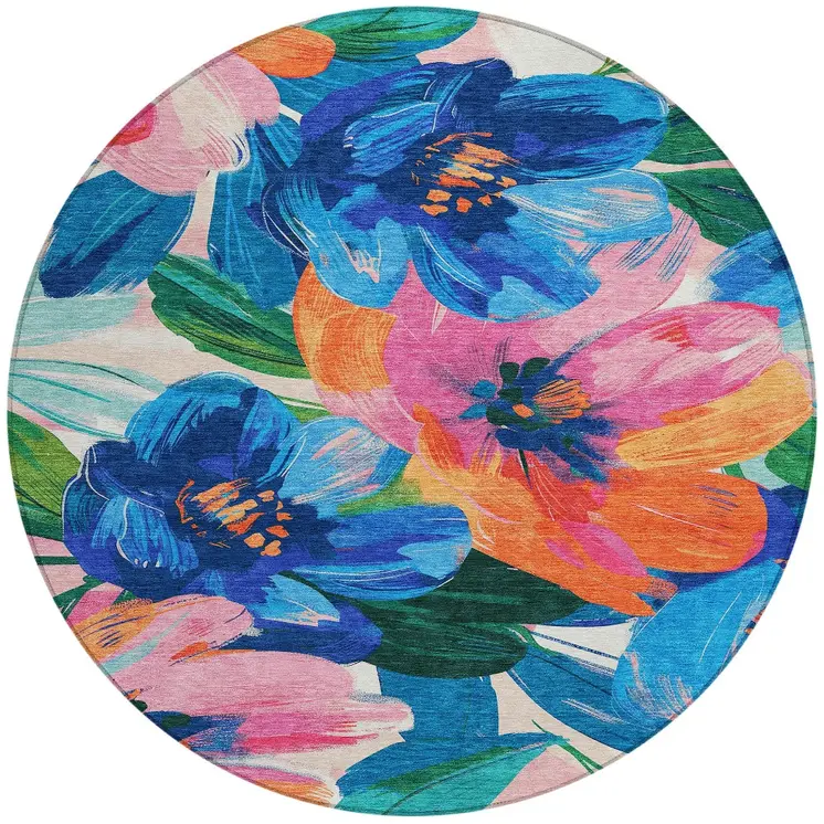 8' Navy Blue And Sky Blue Round Floral Washable Indoor Outdoor Area Rug