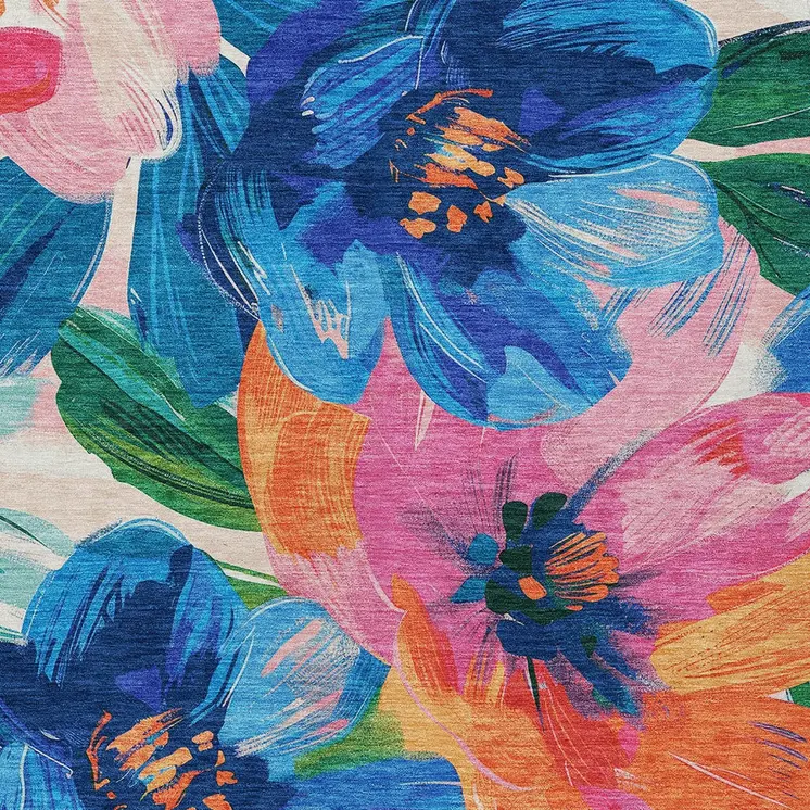 8' X 10' Navy Blue And Sky Blue Floral Washable Indoor Outdoor Area Rug