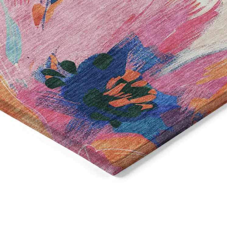 9' X 12' Navy Blue And Sky Blue Floral Washable Indoor Outdoor Area Rug