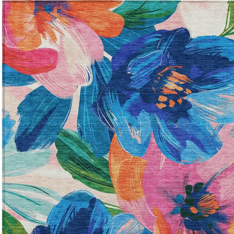 9' X 12' Navy Blue And Sky Blue Floral Washable Indoor Outdoor Area Rug
