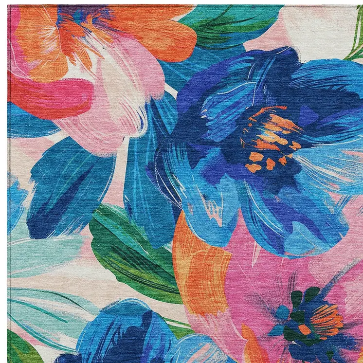 10' X 14' Navy Blue And Sky Blue Floral Washable Indoor Outdoor Area Rug