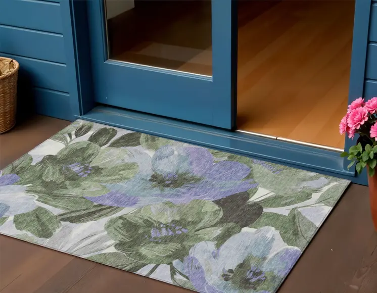 3' X 5' Olive Green And Fern Green Floral Washable Indoor Outdoor Area Rug