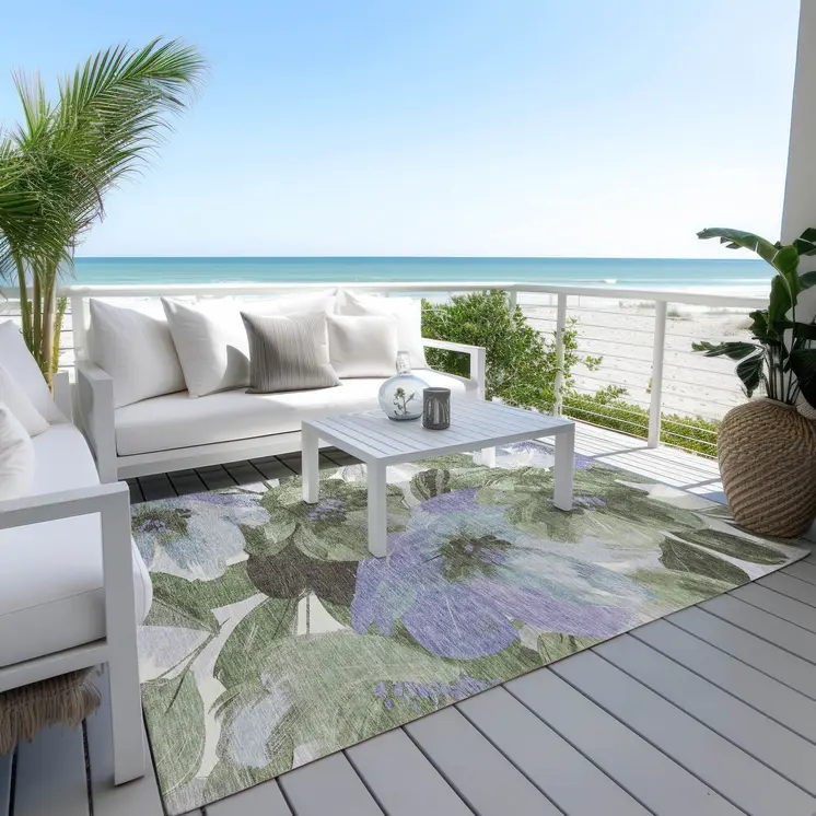5' X 8' Olive Green And Fern Green Floral Washable Indoor Outdoor Area Rug