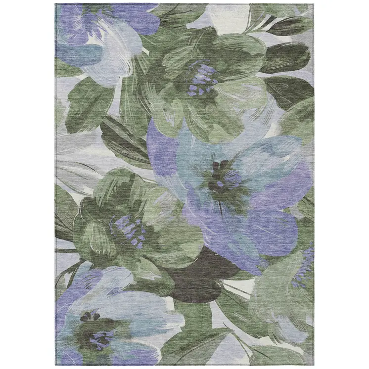 5' X 8' Olive Green And Fern Green Floral Washable Indoor Outdoor Area Rug