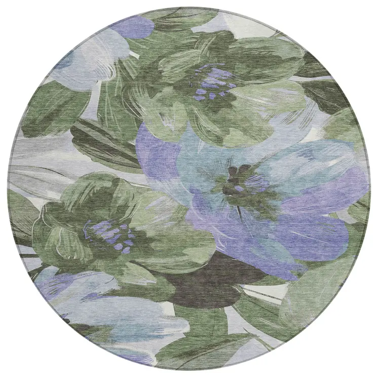 8' Olive Green And Fern Green Round Floral Washable Indoor Outdoor Area Rug
