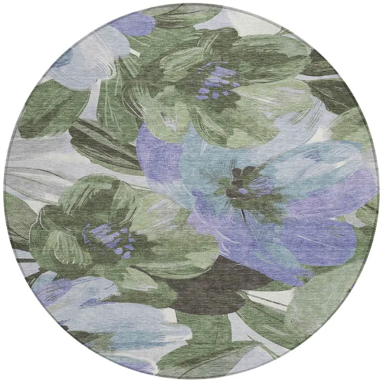 8' Olive Green And Fern Green Round Floral Washable Indoor Outdoor Area Rug